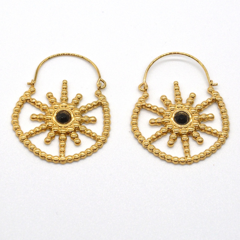 Womens gold-plated jewelry bohemian style vintage floral black agate earrings China Ruifanbao jewelry processing factory