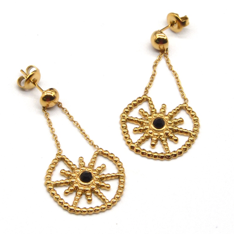 Stainless steel gold female models with flower pendants, ear stud design, charming work for young women. China Ruifanbao Jewelry Factory