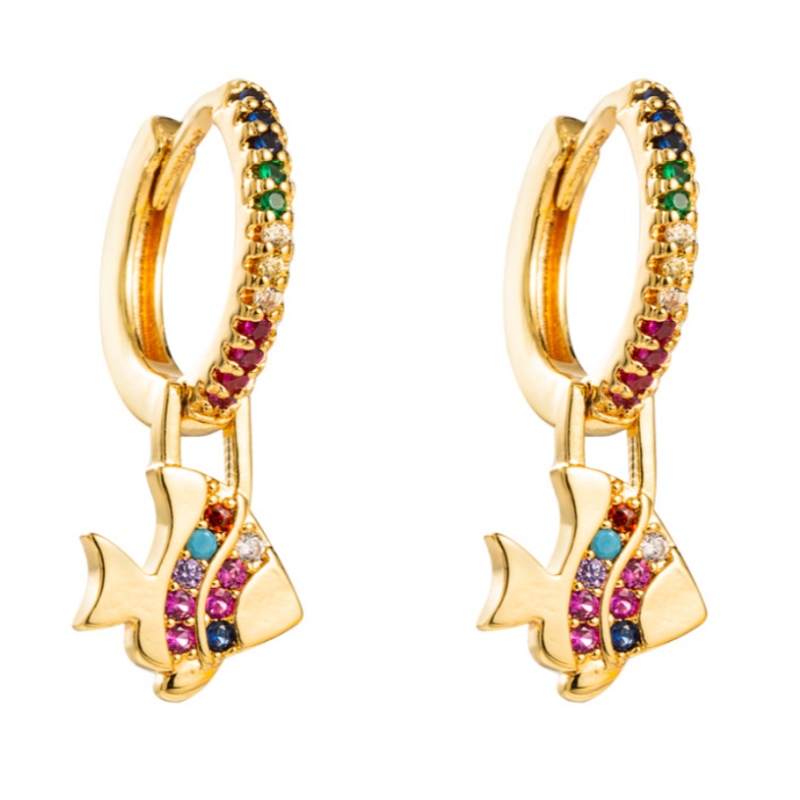 European and American fashion earrings rainbow series small fish shape earrings earrings brass gold-plated micro-inlaid color zircon earrings
